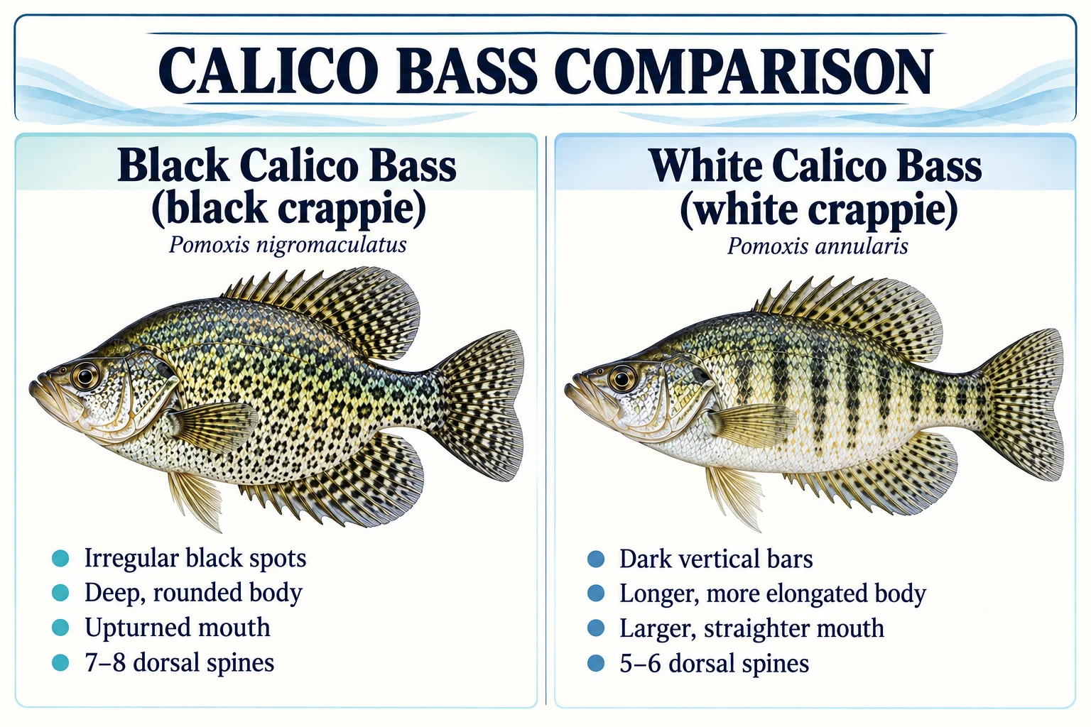 Calico bass comparison: black calico bass (black crappie) has irregular black spots, a deep rounded body, an upturned mouth and 7–8 dorsal spines; white calico bass (white crappie) has dark vertical bars, a longer body, a larger straighter mouth and 5–6 dorsal spines.